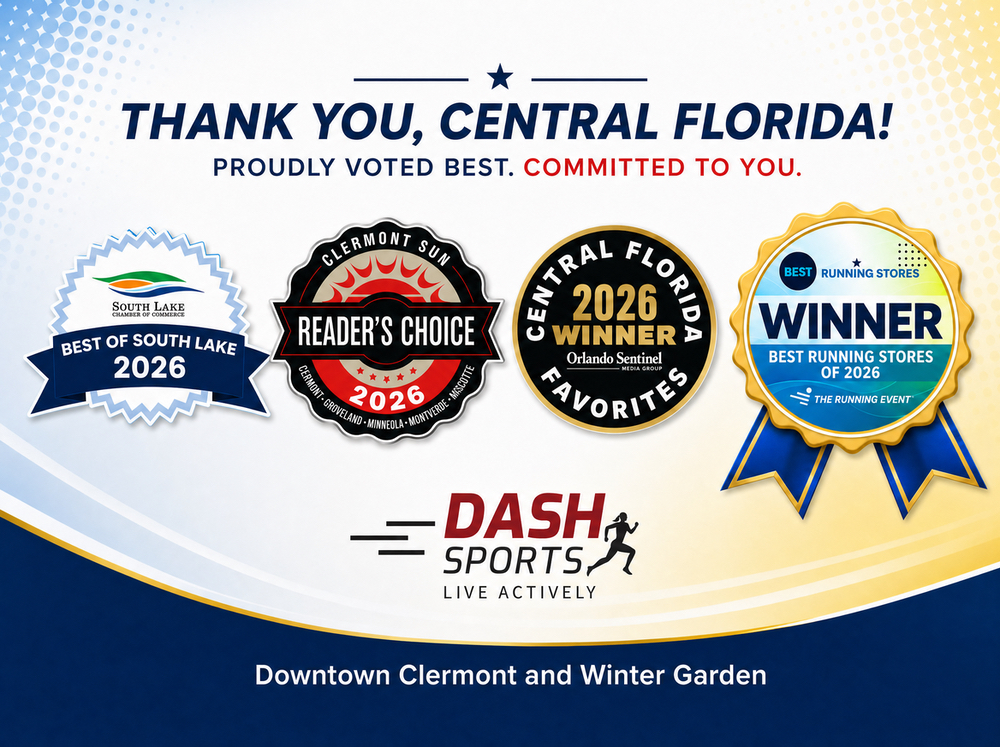 Dash Sports 2026 Best of South Lake, Reader's Choice, and Best Running Stores awards for Central Florida