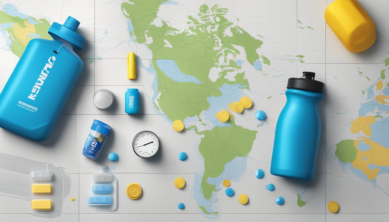 Runner’s water bottle, electrolyte tablets, and hydration pack laid out on a table. Weather forecast and map of running route pinned to the wall