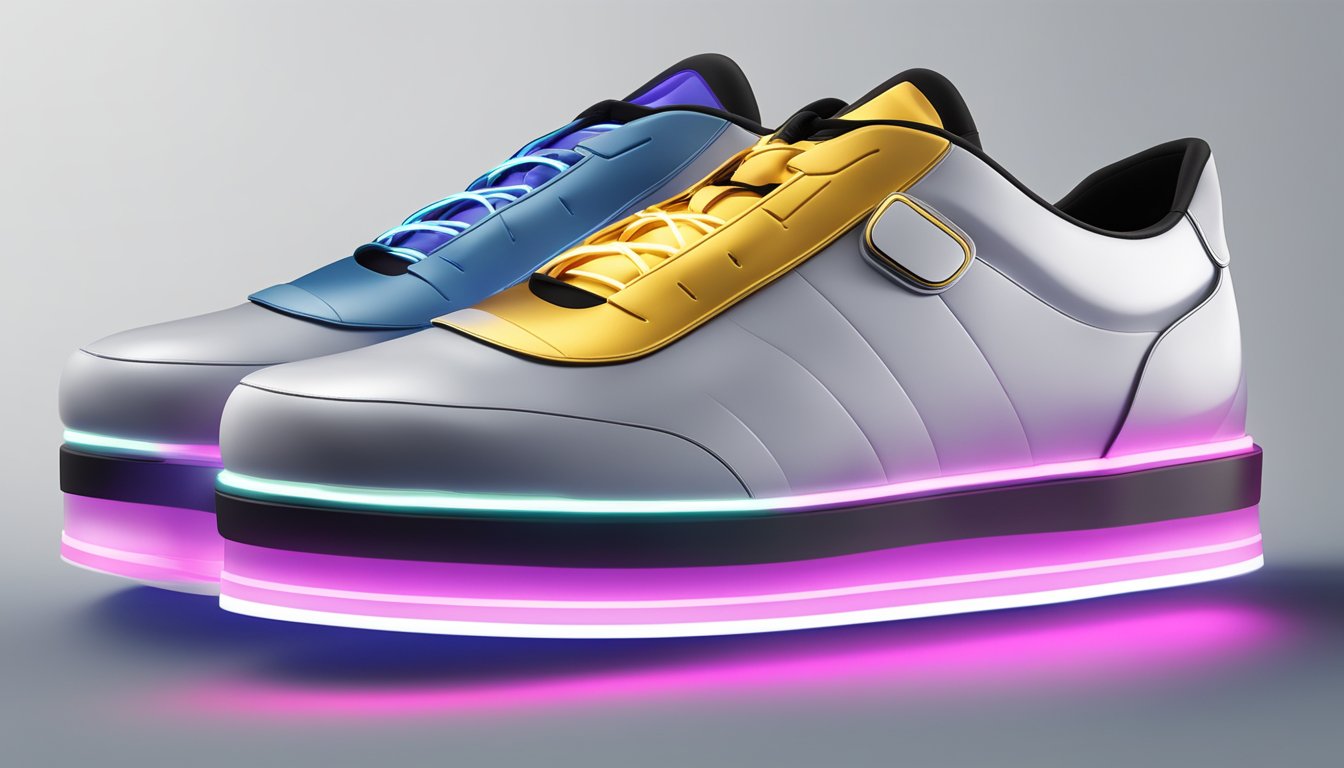Smart shoes glowing with LED lights, equipped with sensors and sleek design