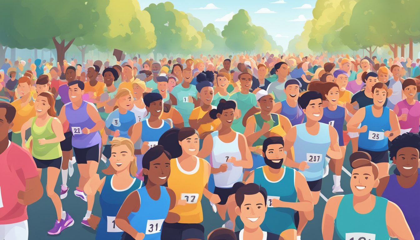 A group of runners gather at the starting line, surrounded by cheering spectators and colorful banners promoting motivation and community 5k apps