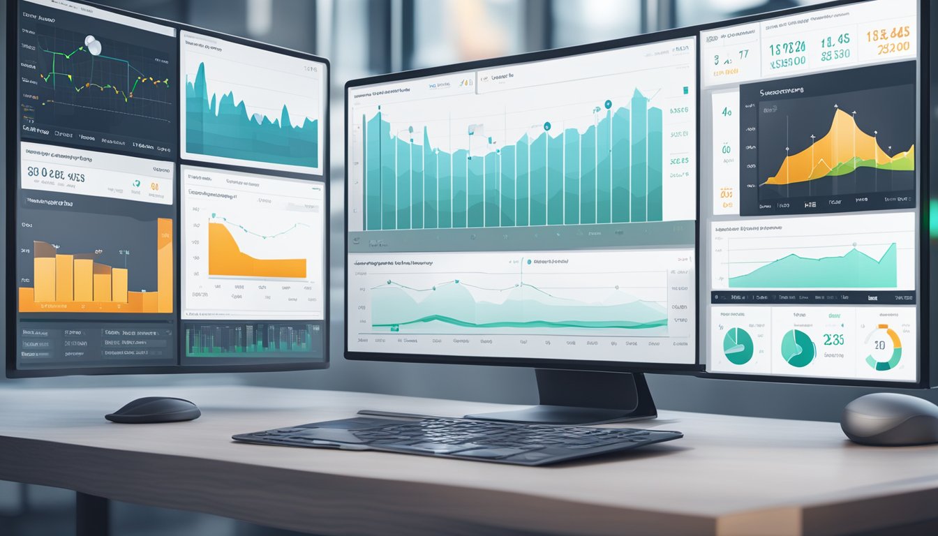 A computer screen displays a dashboard with graphs and charts, tracking the performance of 5,000 apps. Multiple data points are being monitored in real-time