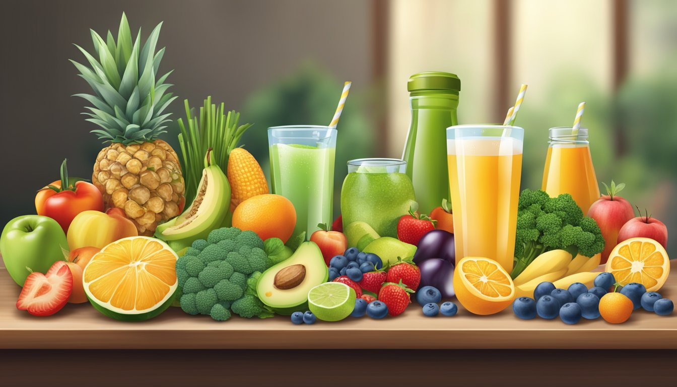 A table with various healthy foods and drinks, such as fruits, vegetables, lean proteins, and water, arranged in a balanced and visually appealing manner