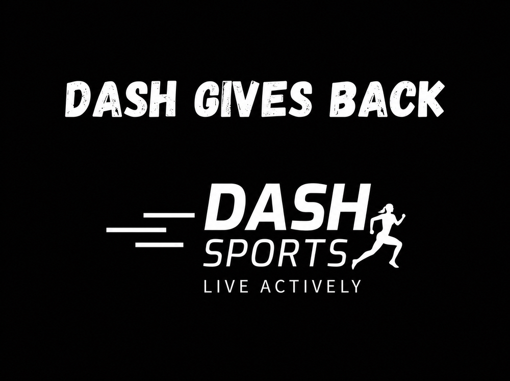 Dash Gives Back graphic with the Dash Sports Live Actively logo, marking donation support for South Lake County non-profits