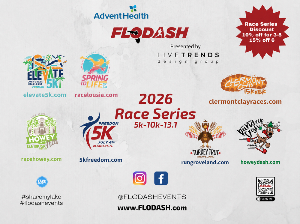 FloDash 2026 race series 5K, 10K, and half marathon events in Clermont and Lake County, FL
