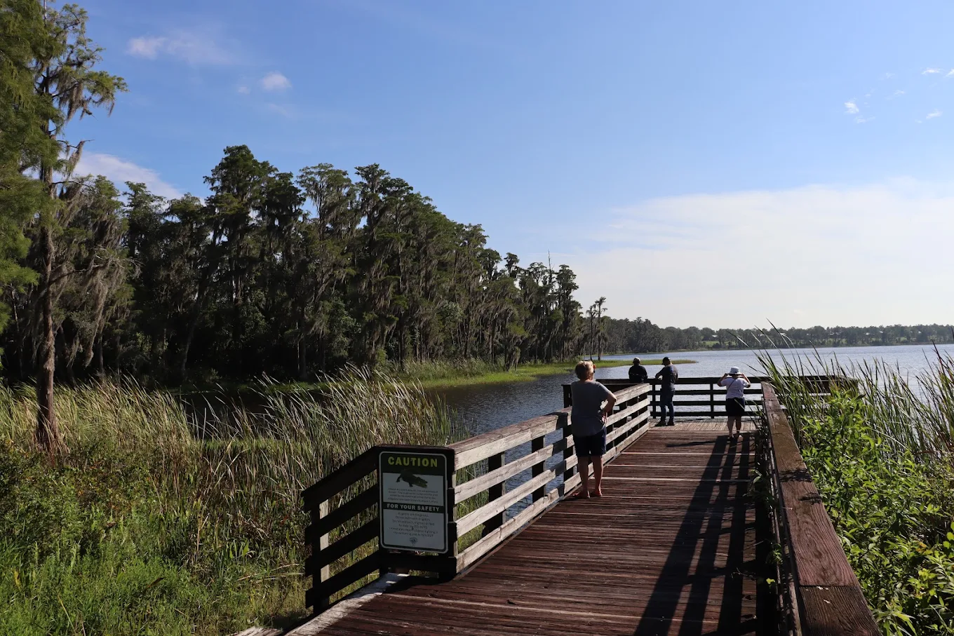 Visitors on the lakeside boardwalk beneath moss-draped cypress trees at Lake Louisa State Park near Clermont, FL