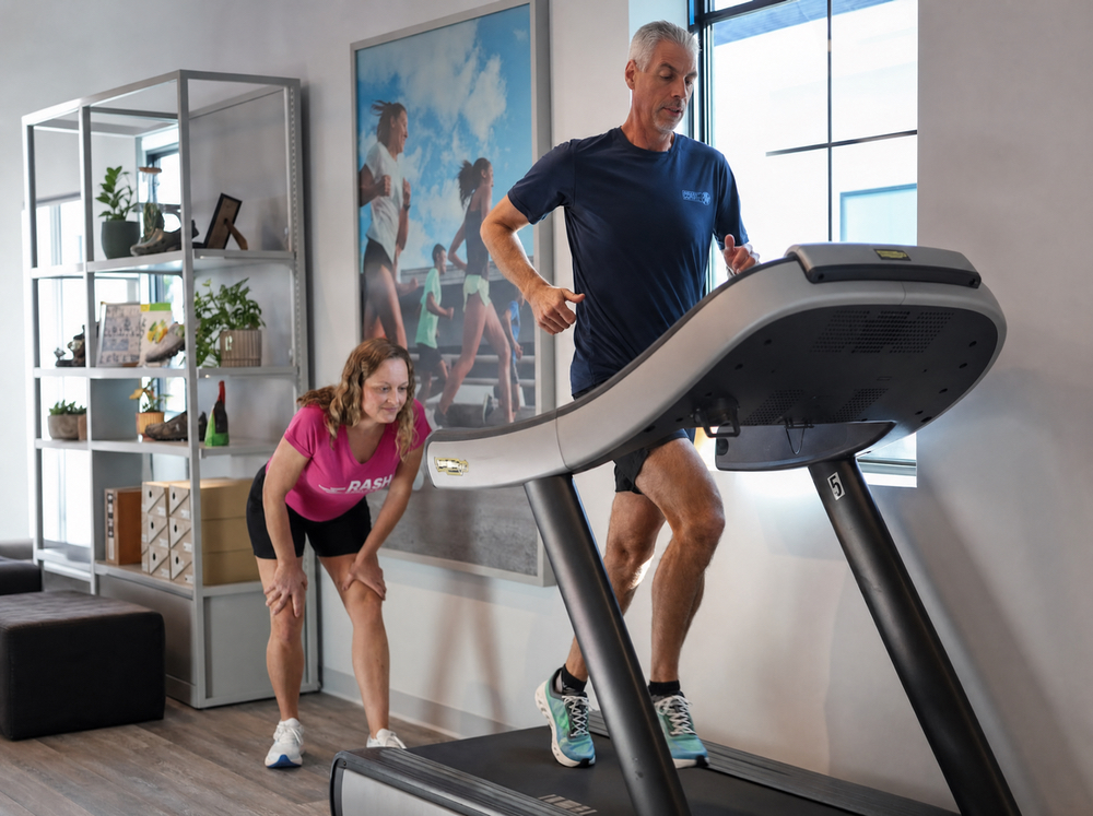Dash Sports fitter observing a customer's stride on the treadmill during a gait analysis in Clermont, FL