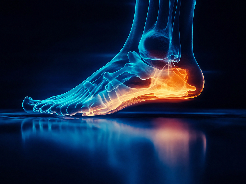 X-ray style illustration of a foot with the heel glowing orange, showing where plantar fasciitis pain is felt