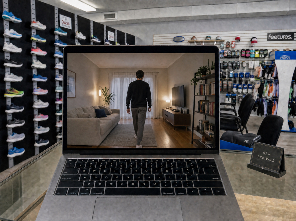 Laptop on the counter of the Dash Sports store in Clermont, FL showing a customer walking at home during a virtual shoe fitting