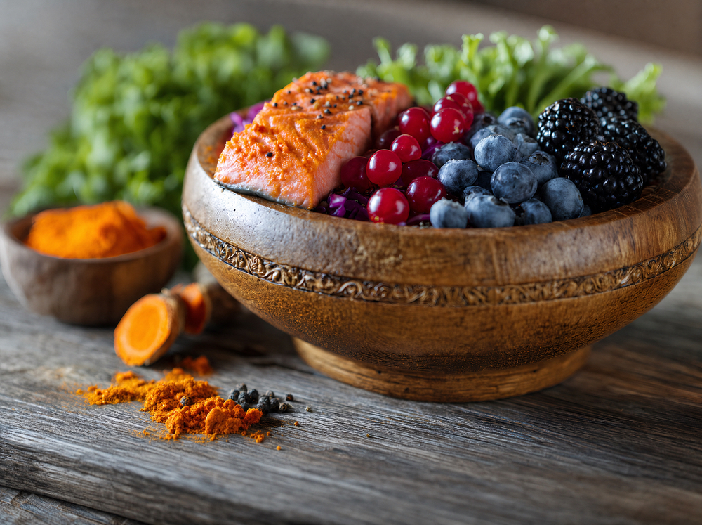 Bowl of salmon, blueberries, blackberries and red currants beside turmeric and black pepper, post-run recovery foods for runners in Clermont, FL